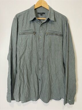 John Varvatos USA Gray Double Zip Pocket Roll Tab Sleeve Button Up Shirt Mens XL